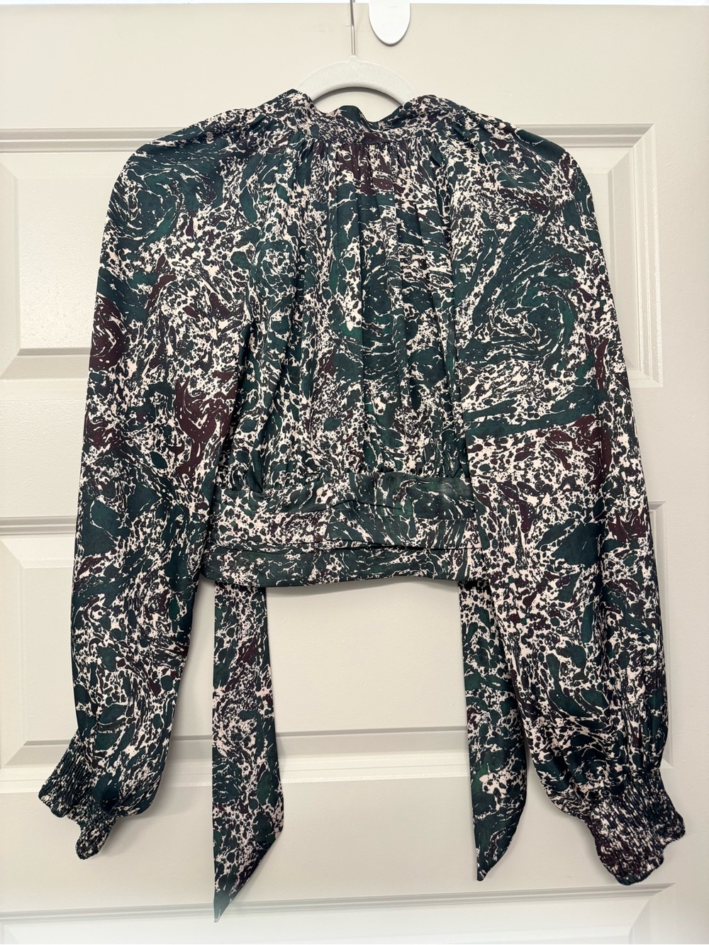 Zara Green, White and Burgundy Abstract Print Tie-Back Blouse